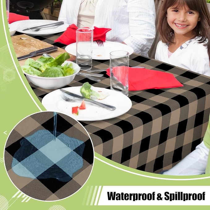 Smiry Picnic Table Cloth, Vinyl Tablecloths with Flannel Backing, 60"x102" | Waterproof Rectangle Table Cloth, Wipeable Buffalo Plaid Table Cover for Indoor and Outdoor (Black & Khaki)