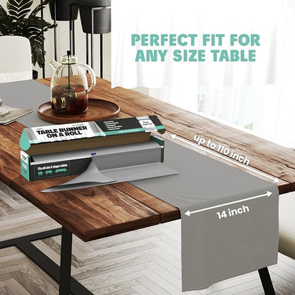 Silver Table Runner – 14" X 110' Premium Plastic Longtable Runners with Cutter Box - Cut to Size - Decorative Rectangle Table Runners - Smooth Table Cloth - Disposable Table Cloths, Parties, Weddings.
