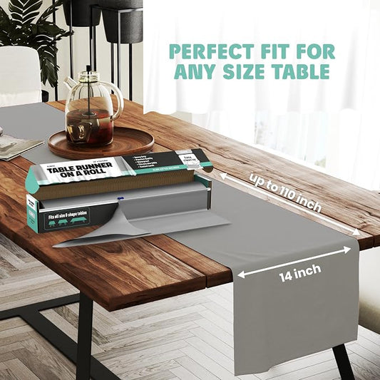 Silver Table Runner – 14" X 110' Premium Plastic Longtable Runners with Cutter Box - Cut to Size - Decorative Rectangle Table Runners - Smooth Table Cloth - Disposable Table Cloths, Parties, Weddings.