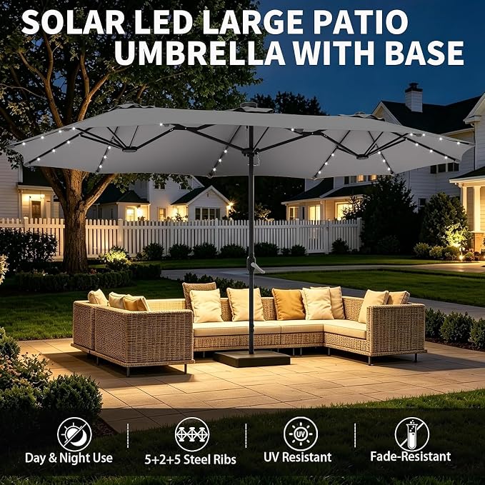 15ft Double-Sided Rectangle Patio Umbrella with 36 LED Solar Lights & Base | UV50+ Weather-Resistant Outdoor Umbrella,Crank Lift,Patio Shade for Pool,Garden,Backyard,Gray
