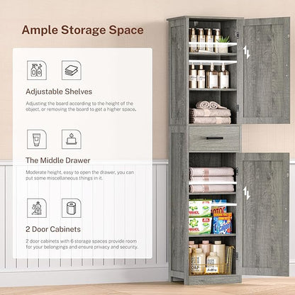 TEENFON Tall Bathroom Cabinet, Storage Cabinet with 6 Shelves & Drawer, Bathroom Storage Cabinet with Adjustable Shelves, Tall Cabinet for Living Room, Home Office, Grey