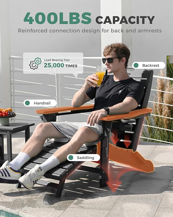 Adjustable Adirondack Chairs Set of 4 with Retractable Ottoman, HDPE Folding Adirondack Chair with Cup Holders, Weather Resistant for Backyard, Poolside & Fire Pit (Black)