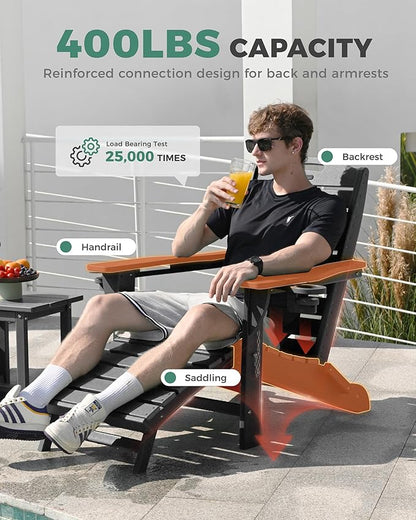 Adjustable Adirondack Chairs Set of 4 with Retractable Ottoman, HDPE Folding Adirondack Chair with Cup Holders, Weather Resistant for Backyard, Poolside & Fire Pit (Black)