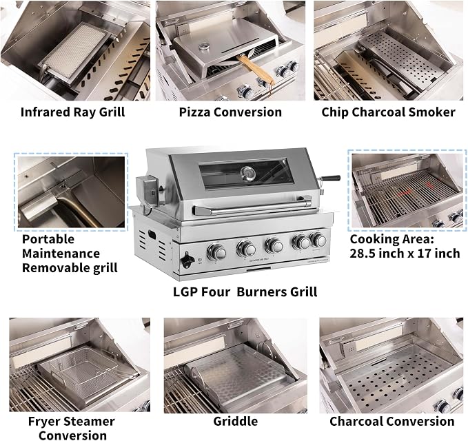 Built in Gas Grill Outdoor: 13 pcs Drop in Propane Gas Grills 32 inch BBQ 4 Burner 60000 BTU Stainless Island Barbecue Cooking Station with inserts Sink Drawer Door Rotisserie Kit Complete Set