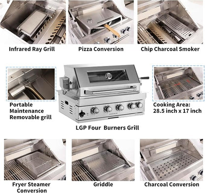 Built in Gas Grill Outdoor: 13 pcs Drop in Propane Gas Grills 32 inch BBQ 4 Burner 60000 BTU Stainless Island Barbecue Cooking Station with inserts Sink Drawer Door Rotisserie Kit Complete Set