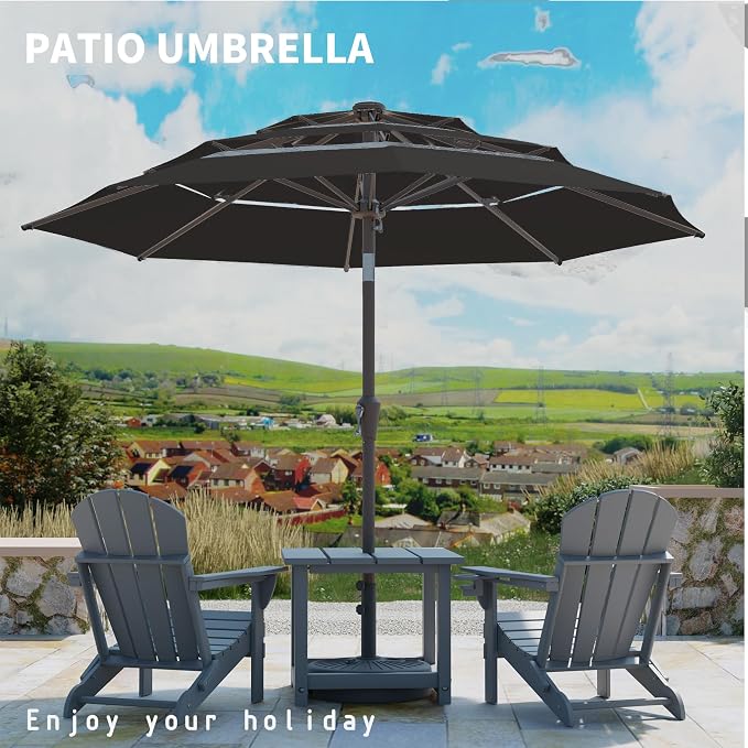 9FT 3 Tiers Patio Umbrella With Auto Tilt And Crank, Outdoor Table Market Umbrella with 8 Sturdy Ribs for Garden, Lawn, Deck, Backyard and Pool