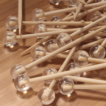 BambooMN Decorative Ball End Bamboo Cocktail Appetizer Picks - 5.9" (15cm) - Clear - 100pcs