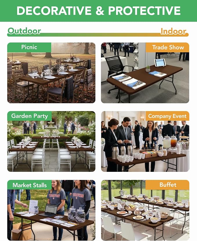 Fitted Tablecloth Rectangle Table Cloths with Elastic, 6 ft, Brown, 6 Pack | For Outdoor Picnic Camping Party 6 foot Folding Spandex Table Covers, Water-Resistant, Windproof, Reusable, 72"L x 30"W