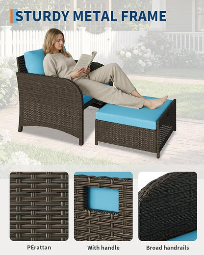 Garvee 5-Piece Outdoor Patio Conversation Set with Hidden Ottomans | PE Rattan Wicker Patio Furniture with Soft Cushions & Glass Coffee Table, Outdoor Lounge Chairs for Porch, Backyard (Blue)