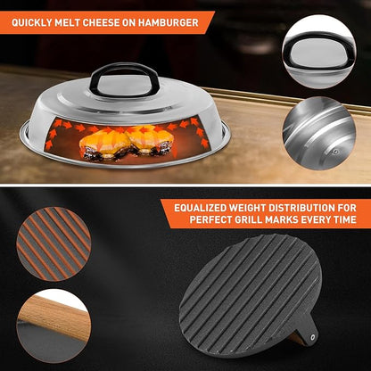 BBQ Accessories 12 Inch Round Stainless Steel Basting Cover - Cheese Melting Dome Round Cast Iron Grill Press Kit for Hamburger Bacon Steak, Best fits for Blackstone Camp Chef Flat Top Griddle Grill