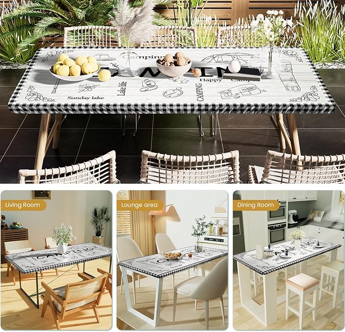 Irisbell Picnic Table Cover with Elastic Edge,6FT Wind Proof Wrinkleproof Fitted Tablecloth Cover Camping Beach Patio Rectangle Table Cloth for Indoor Outdoor (Camping White, 30'' x 72'')