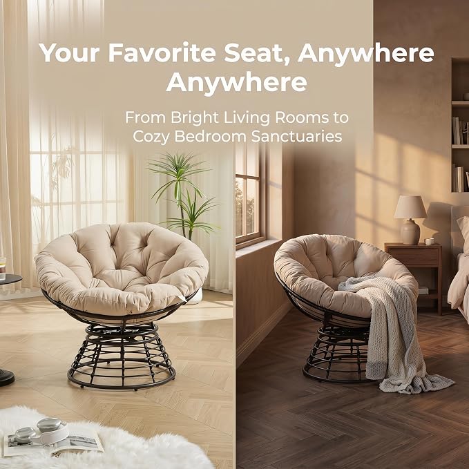 Cushion Papasan Swivel Chair, Ergonomic Wicker Round Chair with Thick Padding, Oversized Swivel Wicker Accent Chairs for Living Room, Bedroom, Reading Room, Balcony, Brown Frame, Beige