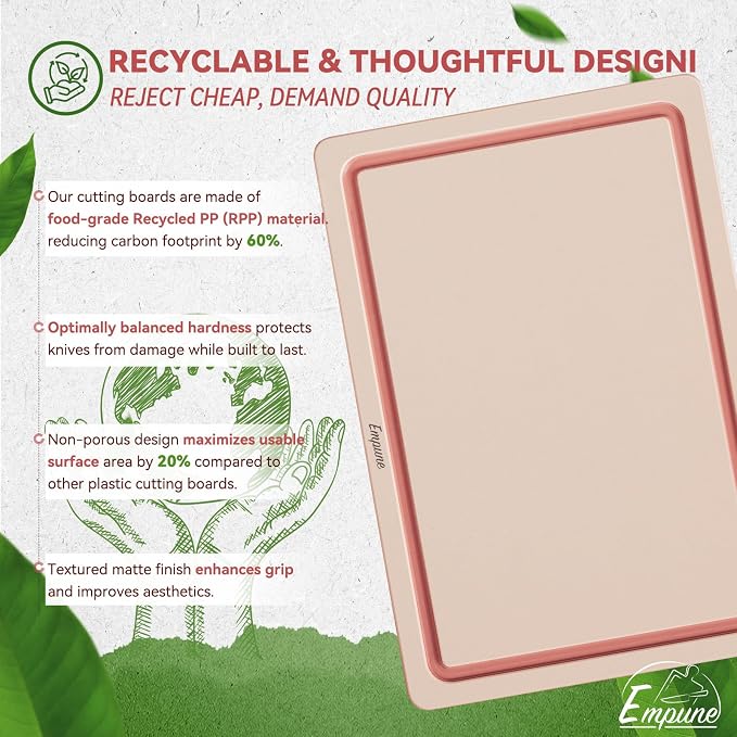 Empune 3-Piece Plastic Cutting Boards for Kitchen - Thick & Non-Slip Chopping Board Set with Juice Grooves, Dishwasher Safe, BPA Free, Includes Large & Small Sizes, Pink