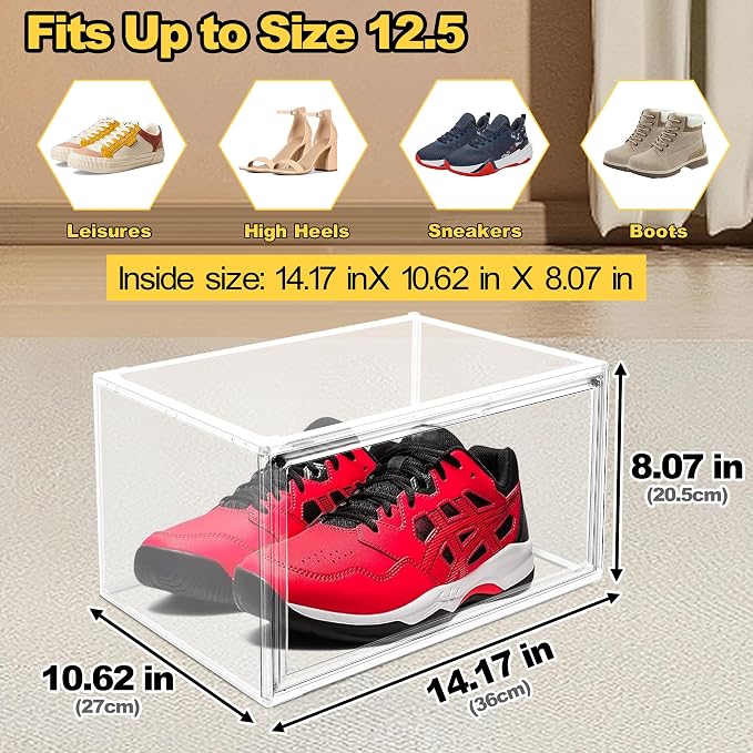 12 Pack Clear Shoe Boxes Plastic Stackable ‌Shoe Cabinet‌ with Acrylic Magnetic Lids Drop Side Sneaker Display Case for Closet, Entryway, Fits Men's or Women's Shoes up to Size 12.5