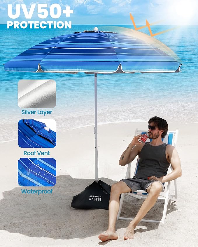 OutdoorMaster 7.2ft Beach Umbrellas for Sand with Sandbag & Anchor | 7.2ft Adjustable Umbrella for Beach, Wind Resistant, Portable UPF50+ Sunshade with Carry Bag for Patio