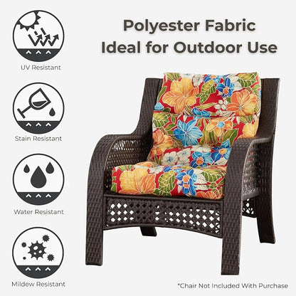Outdoor Tufted High-Back Chair Cushions, One-Piece Hinged Seat and Back Design, Reversible with 4 Ties, Durable Polyester Fabric, Recycled Fiber Fill - Single, Aloha Red Floral