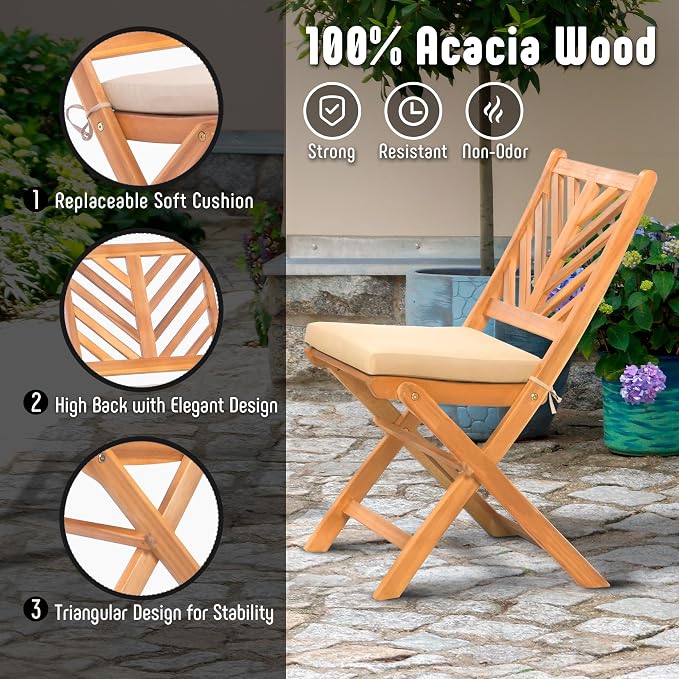 Werph 3-Piece Acacia Wood Patio Set, Foldable Bistro Table and Chairs Set | Small Patio Furniture Set with Cushions, Folding Balcony Chairs Table Set for Apartment, Balcony, Deck or Porch