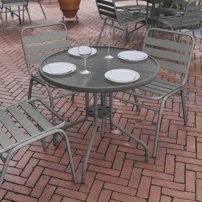 Flash Furniture 31.5 in Metal Round Table, Silver | Tempered Glass Top