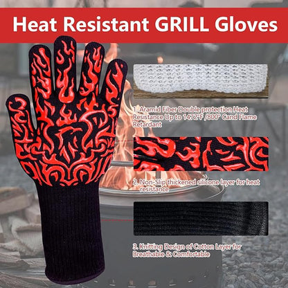 UBeesize Lengthen BBQ Gloves (Phoenix), 1472°F Heat Resistant Grill Glove, 14 inch Fireproof Oven Gloves for Cooking, Non-Slip Fire Glove for Grilling, Barbecue, Smoker, Baking, Frying