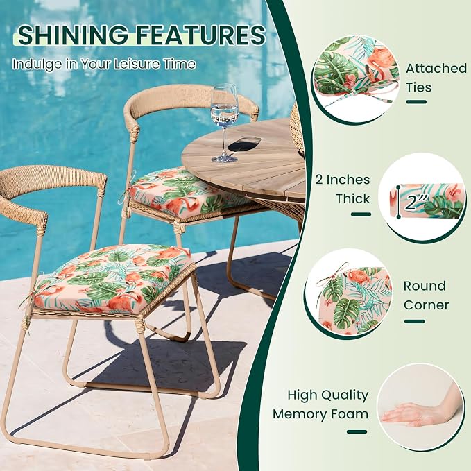 HARBOREST Outdoor Chair Cushions Set of 6, Water Resistant Patio Chair Cushions with Ties, Outdoor Seat Cushions for Patio Furniture, 17"x16"x2", Flamingo