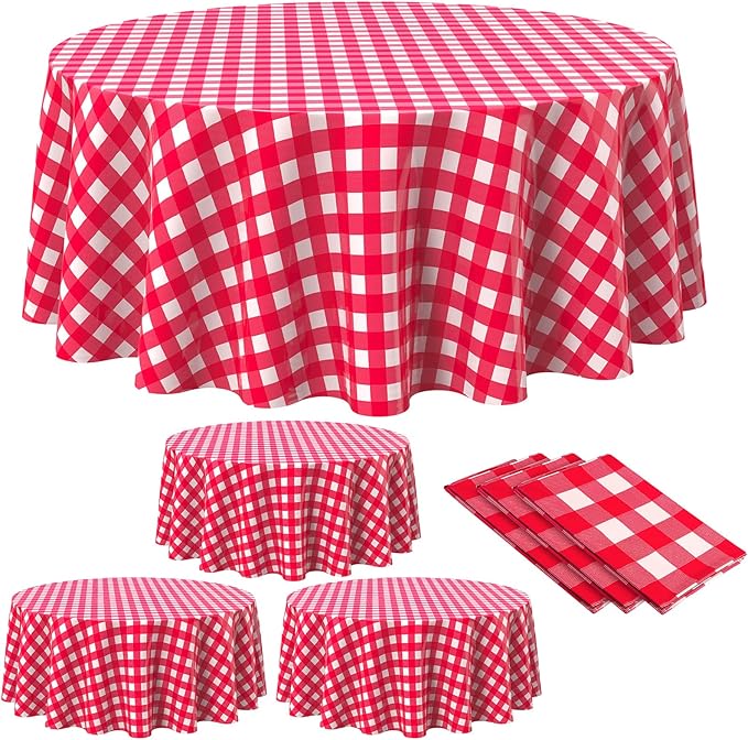 Disposable Checkered Tablecloth Round Plastic Buffalo Plaid Table Cloth 84'' Gingham Tablecover for Picnic Camping BBQ Graduation Party(Red and White,3 Pieces)