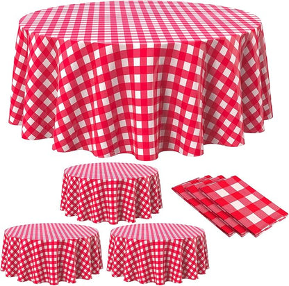 Disposable Checkered Tablecloth Round Plastic Buffalo Plaid Table Cloth 84'' Gingham Tablecover for Picnic Camping BBQ Graduation Party(Red and White,3 Pieces)