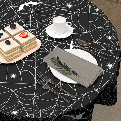 Sweetshow Halloween Spider Web Table Cloth Round Black and White Bat Tablecloth 70 Inch Decor Washable Stain and Wrinkle Resistant Round Table Cover for Dining Picnic