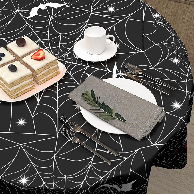 Sweetshow Halloween Spider Web Table Cloth Round Black and White Bat Tablecloth 60 Inch Decor Washable Stain and Wrinkle Resistant Round Table Cover for Dining Picnic