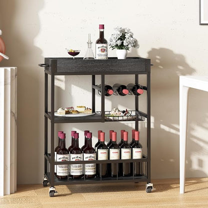 Bar Cart with Basket Wine Rack with Wheels Wood Metal Cart for Party | Basket