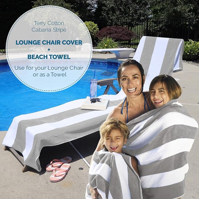 Superior Cabana Cotton Lounge Chair Cover, Outdoor Towel/Chaise Furniture Covers, Terry Cloth, Beach, Spa, Swim Accessories, Pool Chair Cover, Soft, Quick Drying, 32" x 102", Set of 6, Light Grey
