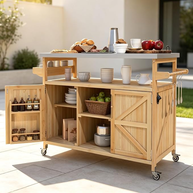 50.25" Outdoor Grill Table with Storage & Locking Wheels | Outdoor grill table,outdoor wood cabinet for grill,kitchen island with storage,steel top,spice rack,prep table for grilling