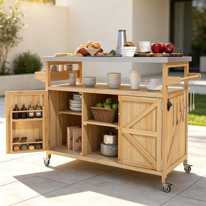 50.25" Outdoor Grill Table with Storage & Locking Wheels | Outdoor grill table,outdoor wood cabinet for grill,kitchen island with storage,steel top,spice rack,prep table for grilling