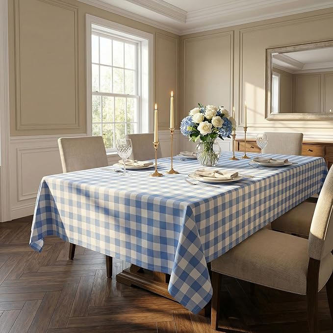 Waterproof Gingham Tablecloth, Checkered Fabric Table Cover for Kitchen Dining, Blue & White Plaid Table Cloth, Rectangle Table Cloth for Indoor Outdoor Use, W60 x L144 in