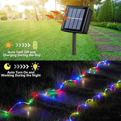 QITONG Solar Rope Lights Outdoor Waterproof, 2 Pack Each 33ft 100 LED Multicolor Trampoline Lights, Fairy Lights in Clear Thin Tube with 8 Modes
