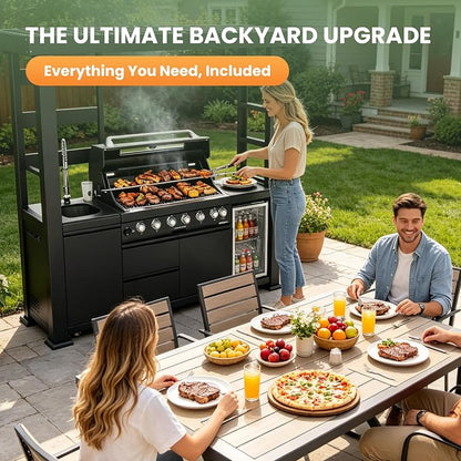 94" Stainless Steel Outdoor Kitchen Island with 6-Burner 85000 BTU,Heavy-Duty Propane Grill with Rotisserie Oven,Galvanized Steel Roof,Granite Countertops,Refrigerator,Sink.(Propane Gas)