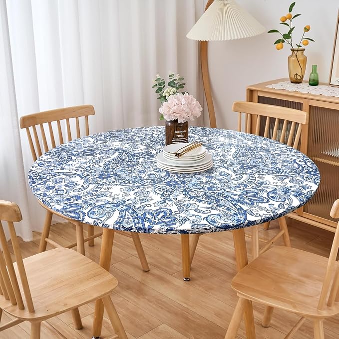 LIBERECOO Luxury Paisley Round Vinyl Tablecloth with Flannel Backing - Waterproof, Oilproof, Wipeable Dining Table Cover for Indoor/Outdoor Use