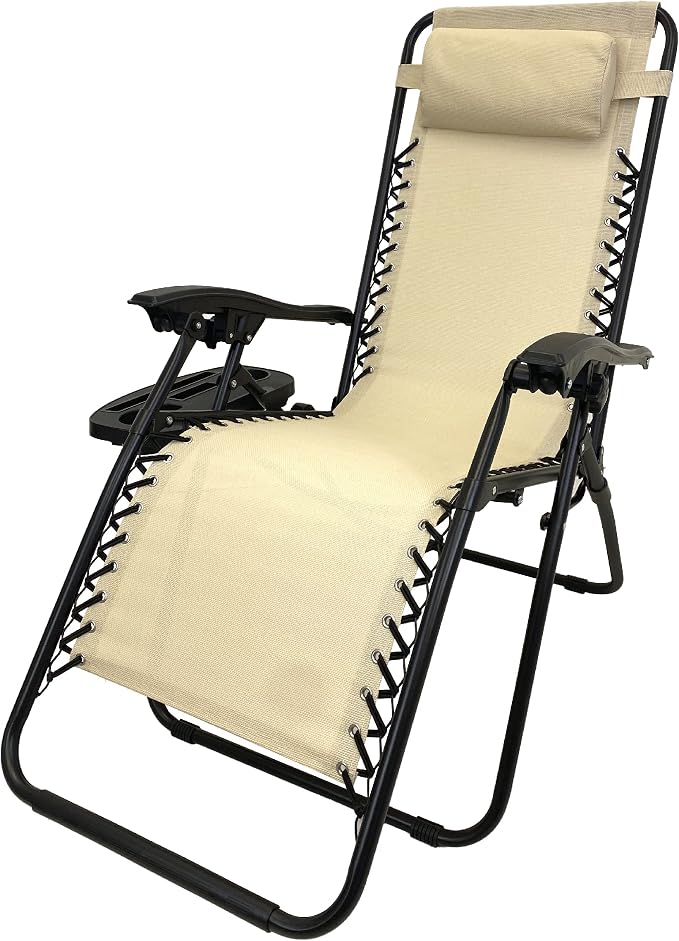 EasyGo Product Zero Gravity Lawn Lounge Pillow and Cup Holder Furniture Outdoor Adjustable Dining Reclining Folding Chairs for Deck Patio Beach Yard, 1 Pack TAN