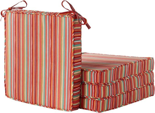Outdoor 18 inch Square Patio Dining Chair Pads – Comfortable Fiber-Filled Seat Cushions with Ties, Reversible Polyester Fabric - Watermelon Stripe, Set of 4