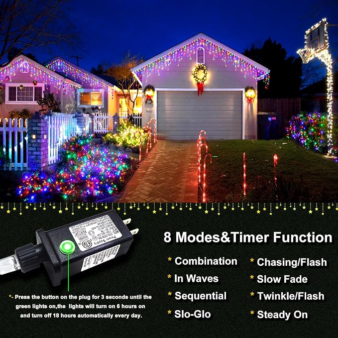 99FT Icicle Lights for Outside 1216 LED Multicolor Christmas Lights Outdoor | Plug in Icicle Christmas Lights 8 Modes Waterproof with 120 Drops for Indoor House Party Wedding Decoration