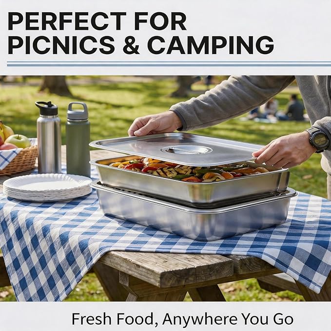 Grill Prep Tray & Serving Tray Set with Lids –5-Piece Grill Carry System for Marinating, Carrying & Serving, Stainless Steel BBQ Trays, BBQ Prep Grill Pan with 2 Lids and 1 Rack