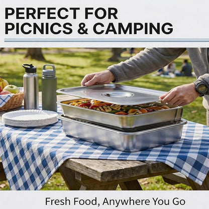 Grill Prep Tray & Serving Tray Set with Lids –5-Piece Grill Carry System for Marinating, Carrying & Serving, Stainless Steel BBQ Trays, BBQ Prep Grill Pan with 2 Lids and 1 Rack