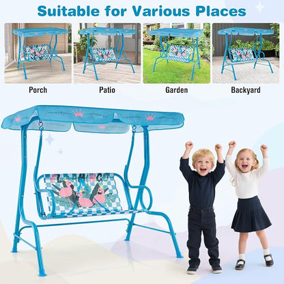 HONEY JOY Kids Patio Swing, 2-Seater Outdoor Porch Swing Lounge Chair, Adjustable Canopy & Safety Belt, All Weather Resistant Waterproof Hanging Swing Bench for Garden Poolside Balcony(Blue Flamingo)