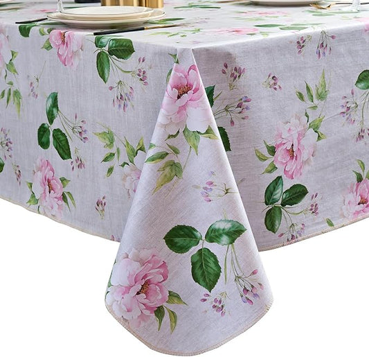 LIBERECOO Reinforced Vinyl Tablecloth with Flannel Backing Waterproof Oil-Proof Floral Plastic Table Cloth Stain-Resistant Wipeable Table Cover Not Stiff