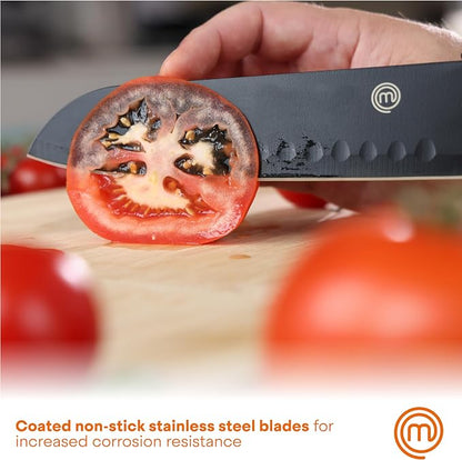 MasterChef Knife Set with Block, 7pc Kitchen Knives Set with Holder, Black | Knife Block Set with Sharp Stainless Steel Blades for Precise Cutting with Non Stick Coating & Soft Touch Easy Grip Handles