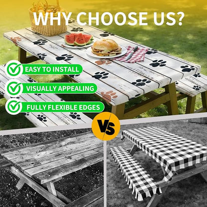 Picnic Table Cover with Bench Covers, 72 X 30 Inch Elastic Fitted Camping Tablecloth with Strap Design for 6FT Rectangle Tables, Windproof Outdoor Tablecloth Set with Storage Bag