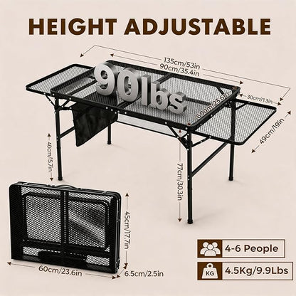 Folding Camping Table with 2 Wing Panels – Adjustable Height & Width Portable Outdoor Grill Table, 3x2 FT Lightweight Metal Picnic Table with Mesh Layer & Side Pocket for BBQ, Beach, Tailgate, Hiking