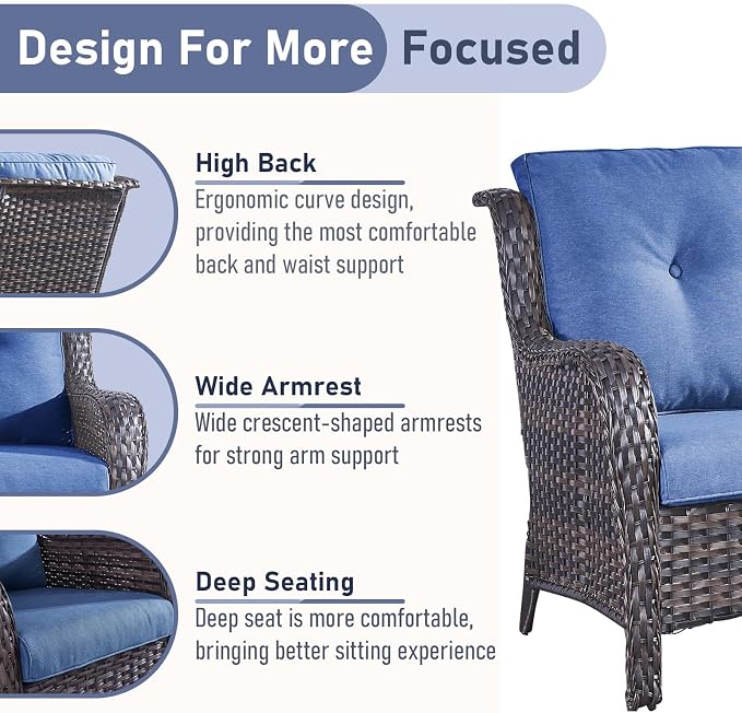 Outdoor Loveseat Sofa-2 Seater Rattan Wicker Patio Couch High Back Patio Sofa for Porch Deck Backyard-Brown/Blue