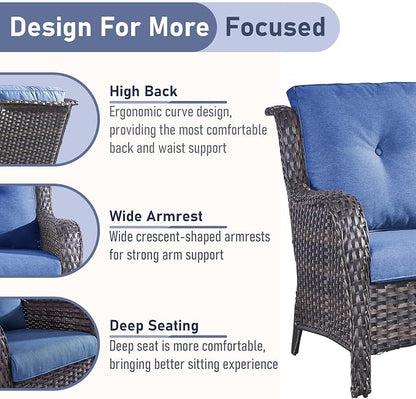 Outdoor Loveseat Sofa-2 Seater Rattan Wicker Patio Couch High Back Patio Sofa for Porch Deck Backyard-Brown/Blue