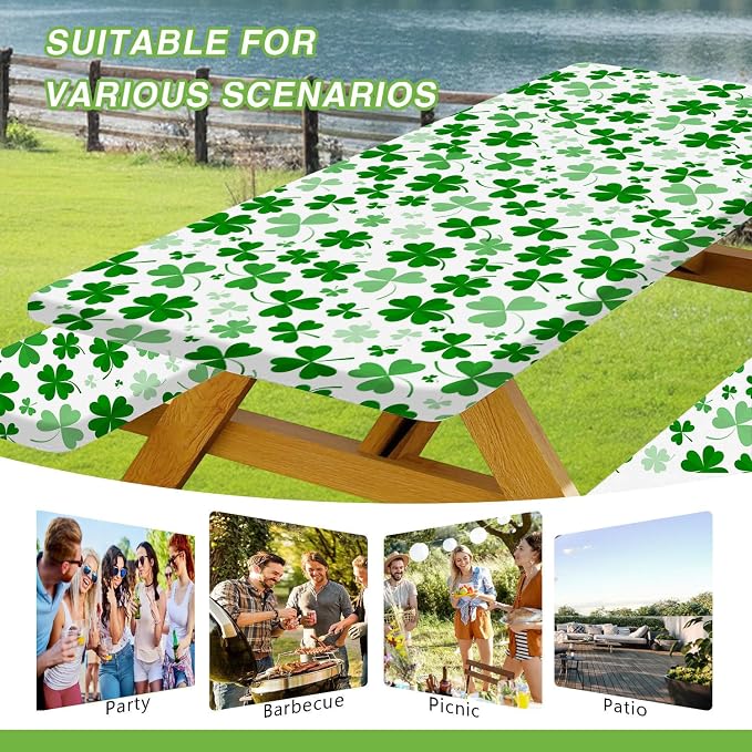JAWO St Patrick's Day Picnic Table Cover with Bench Covers, Camping Essentials, Shamrock Lucky Outdoor Table Covers, Waterproof, Fitted Tablecloth Cover with Elastic Edge, 3 PCS, 30X72 Inches