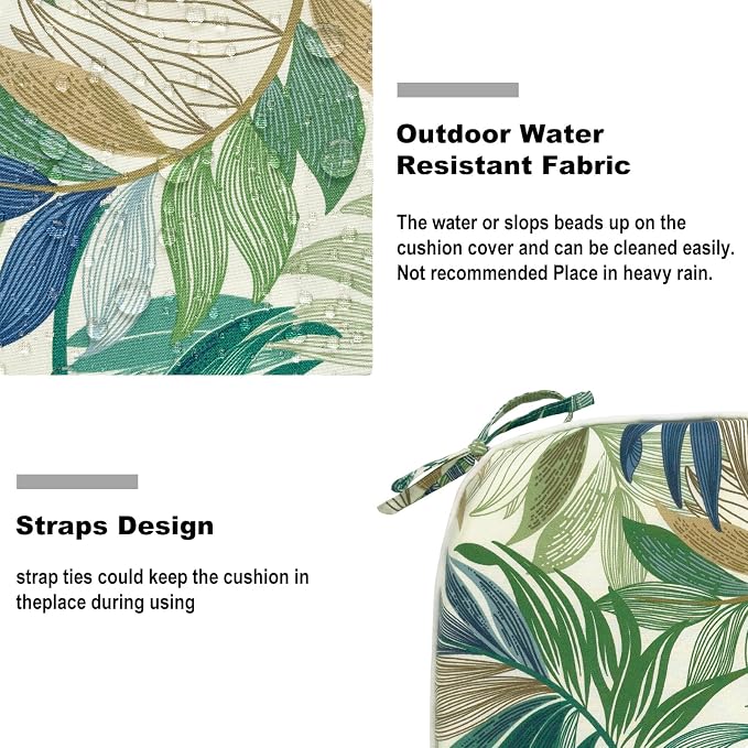 DYTXIII Set of 2 Outdoor Chair Cushions with Ties,Water Repellent Patio Chair Pads 17"x 16" for Outdoor Furniture,Round Corner Seat Cushions for Garden Yard Kitchen Lush Leaf Green
